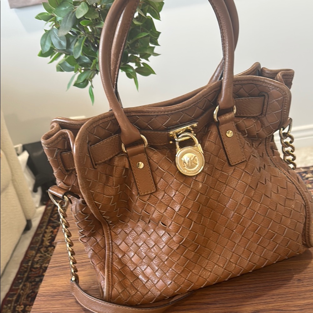MICHAEL Michael Kors Brown and Gold Satchel with Textured Leather